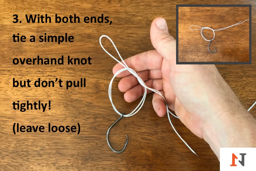 tying overhand knot for palomar knot