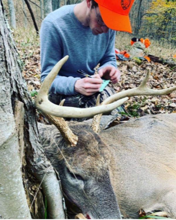 man punching deer tag with buck