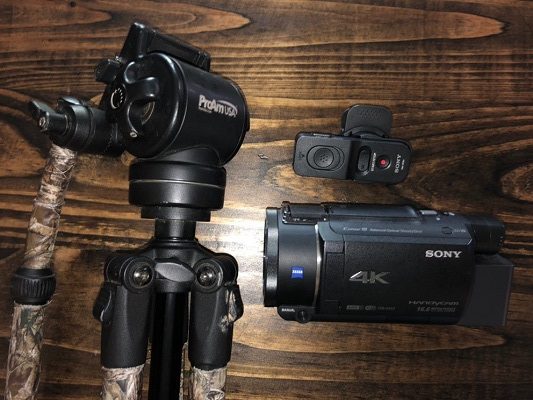 sony 4k video camera for filming hunts and fluid arm and remote