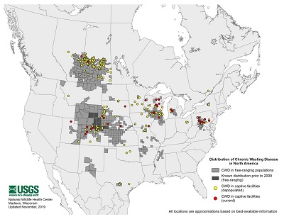 map of CWD distributiion in deer in the united states
