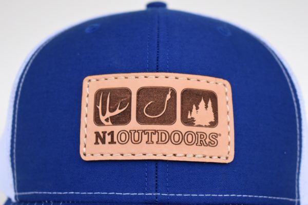 N1 royal blue hunting fishing outdoors leather patch hat closeup
