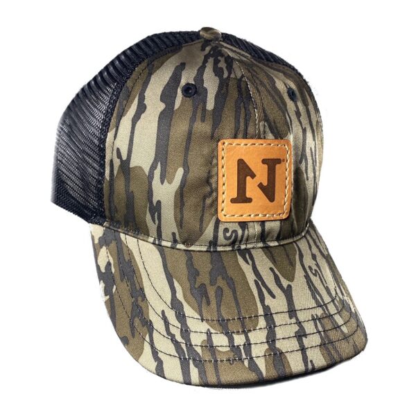 N1 Outdoors bottomland camo leather patch hat black mesh