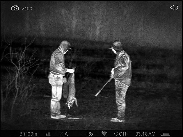 thermal image of coyote hunters with coyote