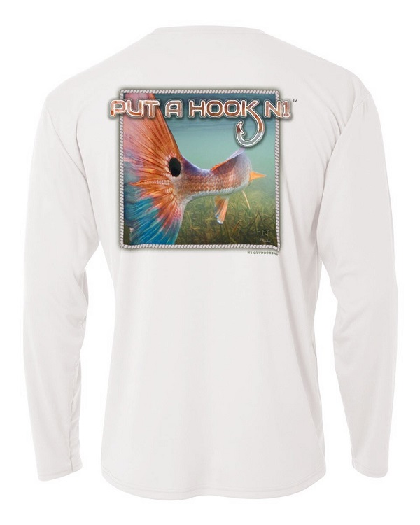 n1 outdoors put a hook n1 redfish performance fishing shirt pamela corwin painting shirt back