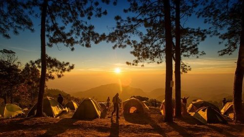 several tents at sunrise