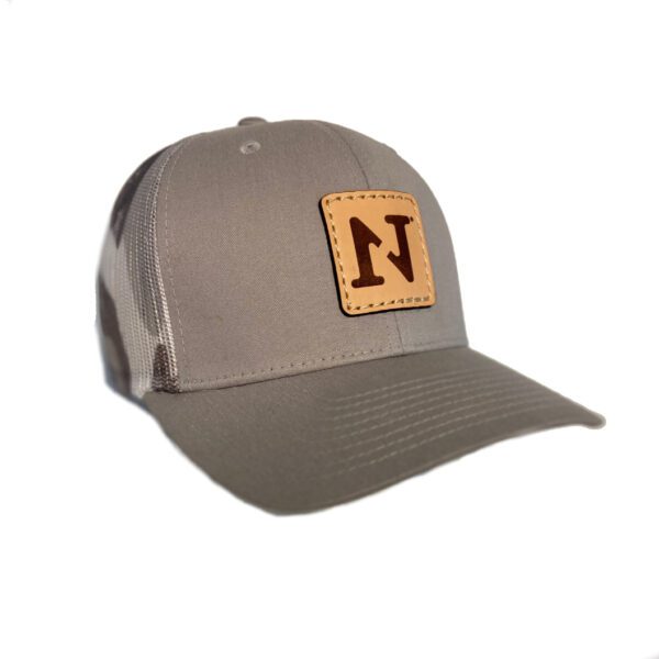 N1 Outdoors logo leather patch hat silver and grey camo mesh