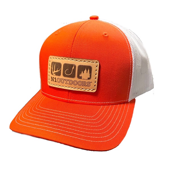 N1 outdoors flagship leather patch hat on orange and white mesh trucker snap back
