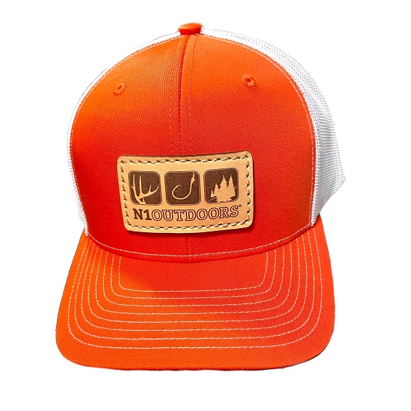 N1 outdoors flagship leather patch hat on orange and white mesh trucker snap back