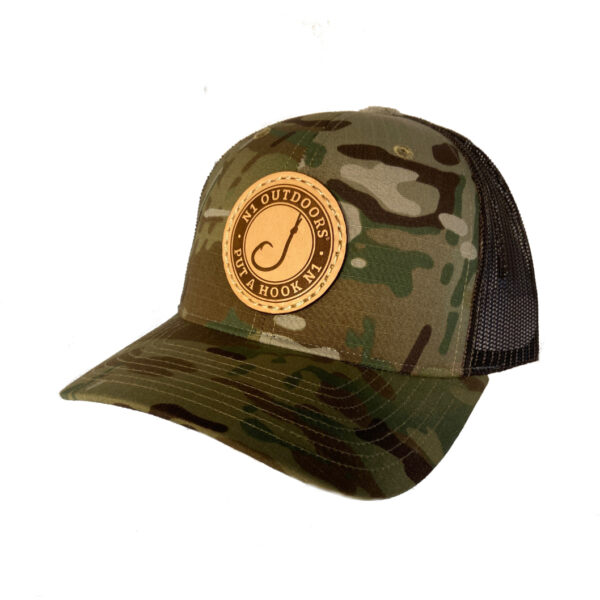 n1 outdoors put a hook n1 fish hook leather patch hat multicam coyote brown