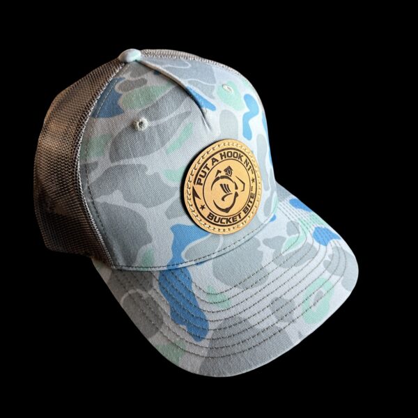 Bucket Bite leather patch fishing hat blue bottomland duck camo 2