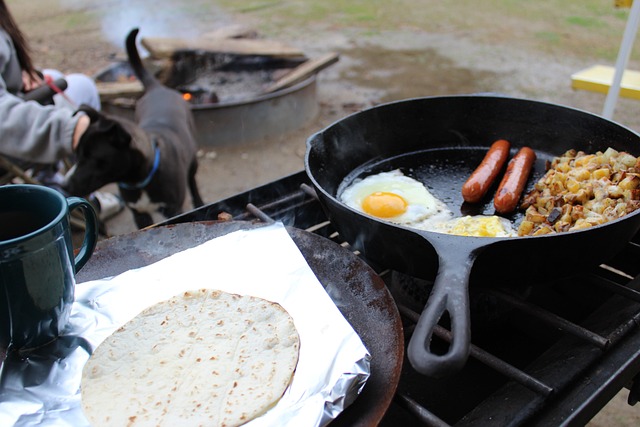 eggs hotdogs and hash over campfire