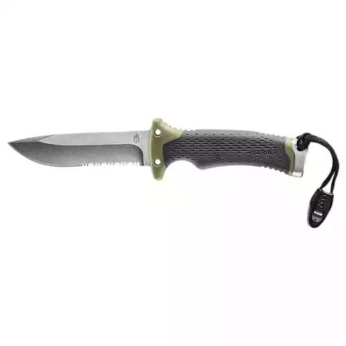 Gerber Gear Ultimate Survival Knife - Fixed Blade Knife with Fire Starter, Sharpener, and Emergency Whistle Knife Sheath - 4.75” Stainless Steel Blade,Grey