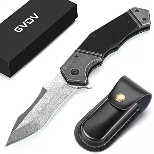 GVDV Damascus Steel Pocket Knife with G10 Handle, Handmade Folding Knife with Leather Sheath for Camping Survival, Fathers Day, Gifts for Men Dad Husband (Black)