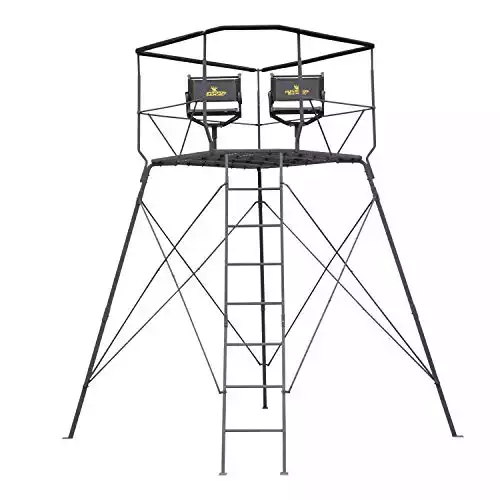 Rivers Edge RE400 Outpost Tower 2-Man Treestand, Teartuff Mesh Seats, Crater Core Curtain, Adjustable Padded Shooting Rail, Unmatched Stability, Oversized Platform