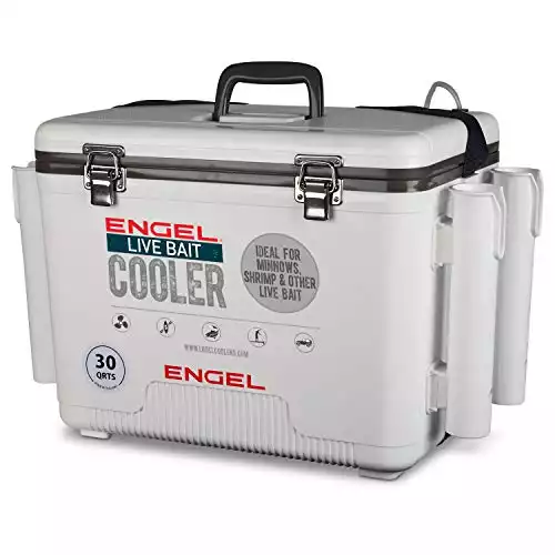Engel 30qt Live Bait Cooler Box with 2nd Gen 2-Speed Portable Aerator Pump and 4 x Fishing Rod Holder Attachments. Fishing Bait Station and Minnow Bucket in LBC30-RH in White