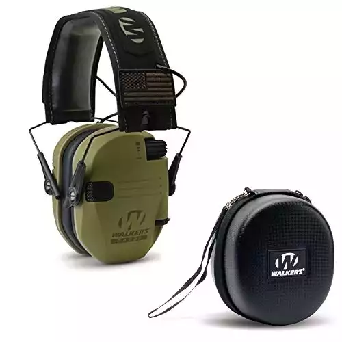 Walker's Razor Slim Shooter Electronic Hunting Folding Hearing Protection Earmuffs w/ 23dB Noise Reduction and Shockproof Carrying Case, Green Patriot