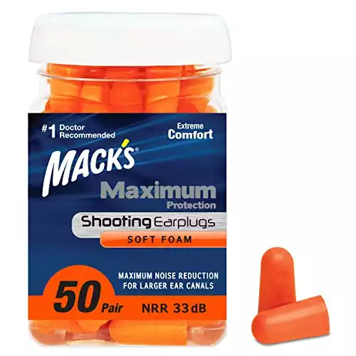 Mack's Maximum Protection Soft Foam Shooting Ear Plugs, 50 Pair - 33 dB Highest NRR – Comfortable Earplugs for Hunting, Tactical, Target, Skeet and Trap Shooting | Made in USA