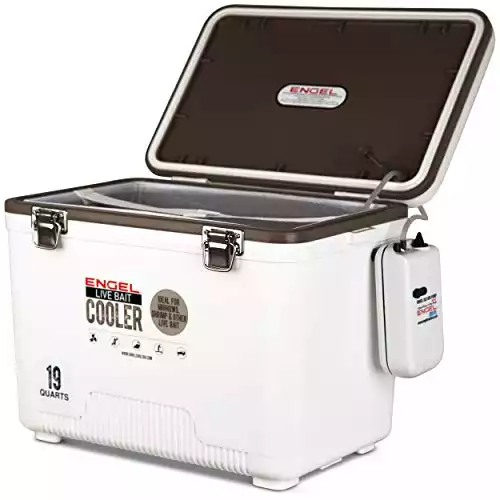Engel 19qt Live Bait Cooler Box with 2nd Gen 2-Speed Portable Aerator Pump. Fishing Bait Station and Minnow Bucket for Shrimp, Minnows, and Other Live Bait - ENGLBC19-N in White