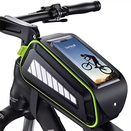 Lamicall Bike Phone Bag Waterproof - 1.8L Bike Frame Bag, Bike Phone Mount Holder Pouch, with Easy Zipper, Reflective Strip, Storage Bag, Bike Accessories for Phones Under 7" Like iPhone, Galaxy