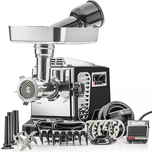 STX Turboforce II "Platinum" w/Foot Pedal Heavy Duty Electric Meat Grinder & Sausage Stuffer: 6 Grinding Plates, 3 S/S Blades, 3 Sausage Tubes, Kubbe, 2 Meat Claws, Burger-Slider Patty M...