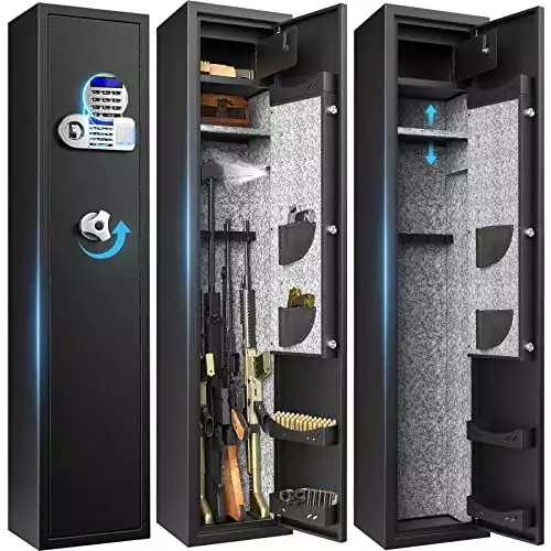 5-6 Rifle Gun Safe, Riddost Gun Safes for Home Rifle and Pistols with LCD Display, External Battery Cases and Alarm System, Rifle Safe with 2 Handgun Pocket & 3 Removable Cantilever Shelves