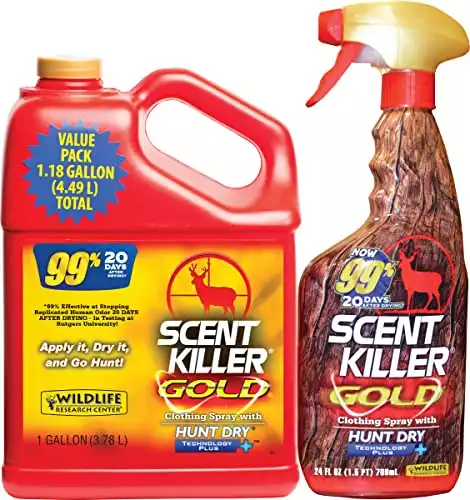 Scent Killer Gold Spray Gallon Combo Deer Hunting Scent Control for Clothing and Hunting Accessories, Includes 24-Ounce Field Spray and 1-Gallon Refill Bottle