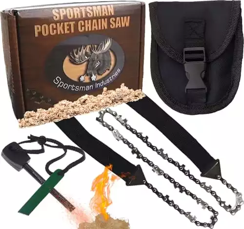 Sportsman Pocket Chainsaw 36 Inch Long Chain With Fire Starter Best Compact Folding Hand Saw Tool for Survival Gear, Camping, Hunting, Tree Cutting or Emergency Kit. Replaces Your Pruning & Pole S...
