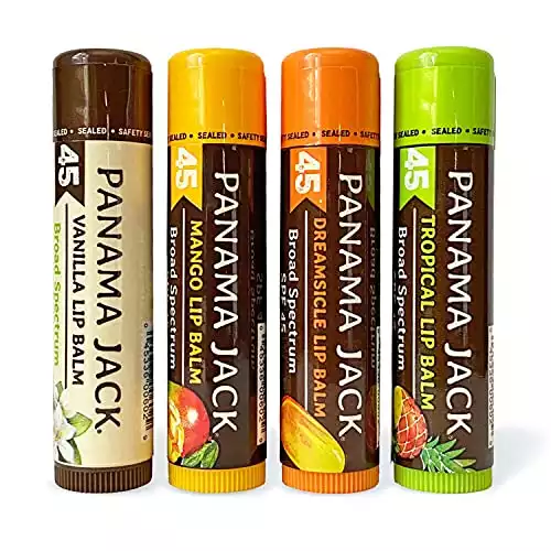 Panama Jack Sunscreen Lip Balm - SPF 45, Flavor Pack, Broad Spectrum UVA-UVB Sunscreen Protection, Prevents & Soothes Dry, Chapped Lips (Dreamsicle/Vanilla/Tropical/Mango)