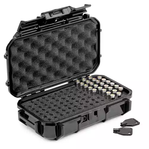 Evergreen 100 Pistol Round Bullet Locking Storage Case - Travel Safe/Mil Spec/Waterproof/USA Made - for .380 ACP, 9mm.40 S&W.45 ACP, 10mm, 5.7 FN.38 SPL.357 MAG (56 Black)