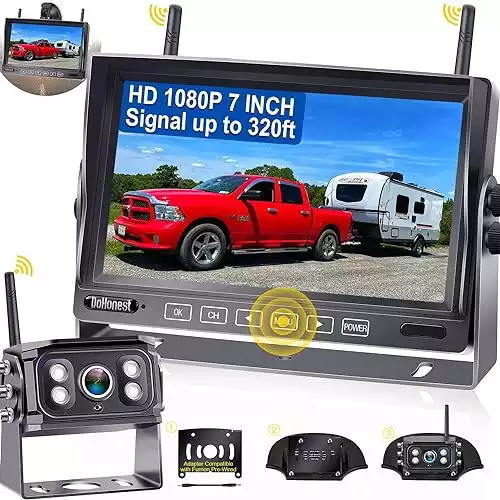 DoHonest Trailer Backup Camera Wireless 7'' Touch Key DVR Monitor HD1080P Highway Observation Night Vision Rear View Camera Compatible with Furrion Pre-Wired RV Truck 5thWheel Harvester Cran...