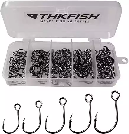 THKFISH 50pcs/100Pcs Box Inline Single Hooks Replacement Fishing Hooks for Lures Baits Inline Circle Hooks Large Eye with Barbed Saltwater Freshwater #2#1 1/0 2/0 3/0