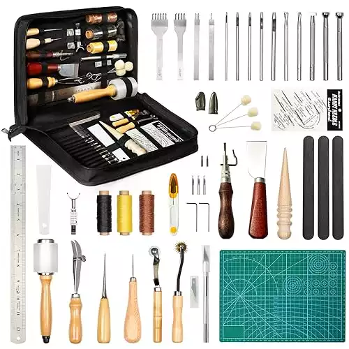 FifthQuarter Leather Tooling Kit: 58 Pcs Essential Leather Working Tools and Supplies for Starter with Guide Leather Craft Tool Kits with Organizer for Stamping | Cutting | Stitching | Carving