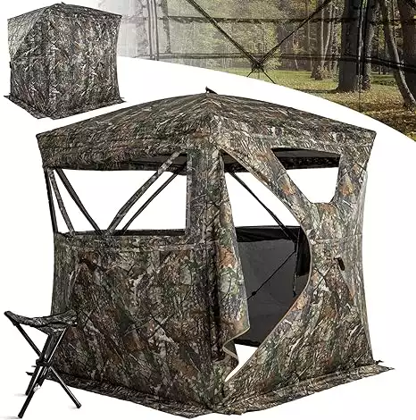 Lenotos Hunting Blind 270° See Through with Chair, Low-Noise 2-3 Person Pop Up Deer Blind, Portable Durable Ground Blind for Deer & Turkey Hunting (Camouflage)