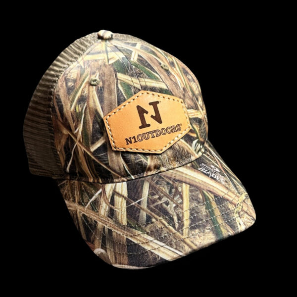 N1 Outdoors Mossy oak blades and brown leather patch hat
