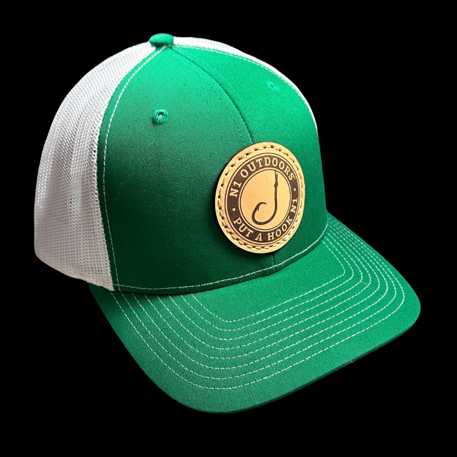 N1 Outdoors® Put A Hook N1™ Fish Hook Leather Patch Hat (Kelly Green/White)
