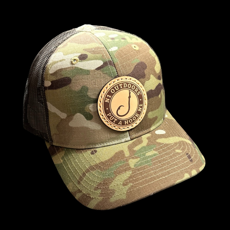 Put A Hook N1 camo fish hook leather patch hats