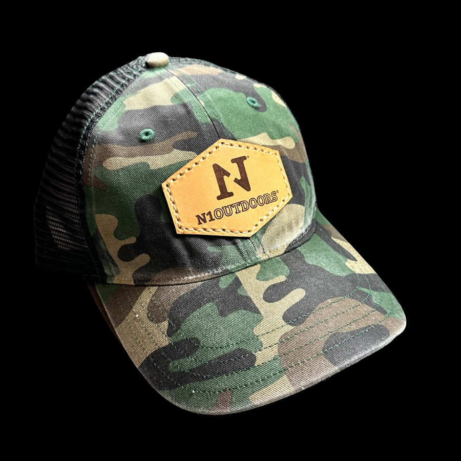 Camo leather patch hats for hunting and fishing