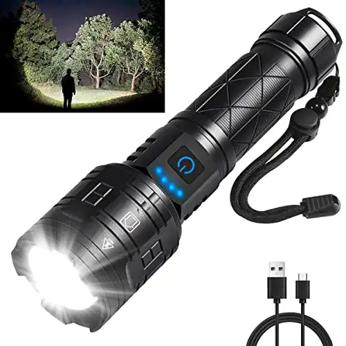 Rechargeable Flashlights High Lumens, 900000LM Powerful Tactical Flashlights, 5 Modes LED Flashlight Adjustable, Brightest Flashlight Waterproof, Handheld Flash light for Emergencies, Camping, Hiking