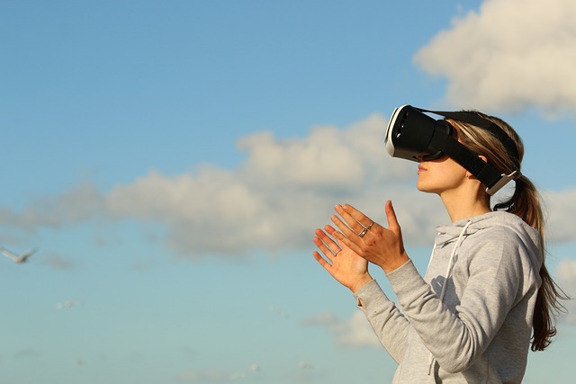 woman with VR headset outdoors