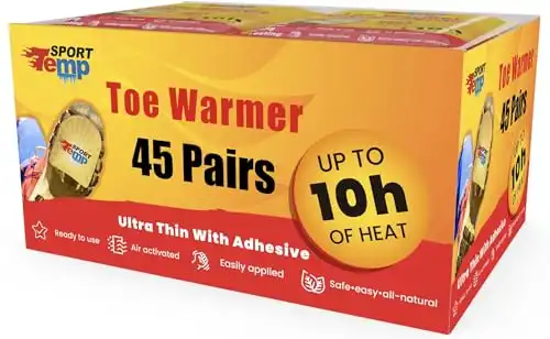 Toe Warmers (45 Pairs) - Up to 10 Hours of Heat, Easily Apply with Adhesive - Ultra Thin, Easy, All Natural - Air Activated, Odorless Hot Toe Warmers - Sport Temp (45)
