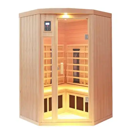 KUNSANA Ceramic Infrared Sauna 2-3 Person Infrared Saunas for Home Low EMF Indoor Home Sauna Spa Hemlock Wooden Corner Sauna Room with Bluetooth Speakers, LED Reading Lamps, Chromotherapy Lights