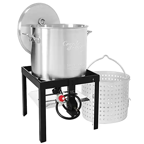 Creole Feast SBK0601 60 Qt. Seafood Boiling Kit with Strainer, Outdoor Aluminum Propane Gas Boiler Steamer with 10 PSI Regulator, 100,000 BTU Jet Burner
