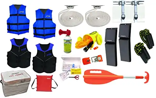 PWC Parts Ultimate Boating Starter Kit for All Boats w/Neoprene Life Jackets, Nyon Vests, Throw Cushion, 4X Dock Lines, Horn, Whistle, Contour Fenders, Gear Bag, First Aid Kit, Paddle (Medium)