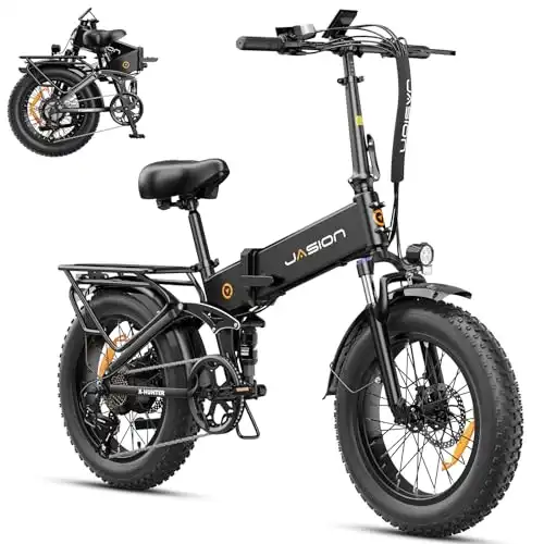 Jasion X-Hunter Electric Bike for Adults,1400W Peak Motor 30MPH Max Speed 48V 13AH Removable Battery, Full Suspension System Design 20''*4.0 Fat Tire Foldable Ebike 7-Speed Bicycles