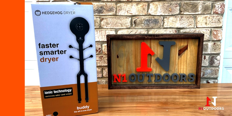 hedgehog dryer in box with N1 Outdoors logo in background