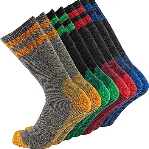 Cerebro Merino Wool Socks for Men, Cushioned Mid-calf Socks Moisture Wicking Men's Hiking Socks for Home, Trekking, Outdoors (4Pairs Yellow+Green+Red+Blue)