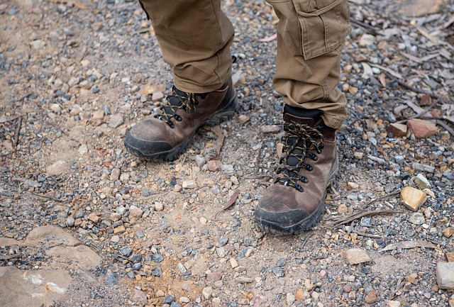 hiking boots on feet
