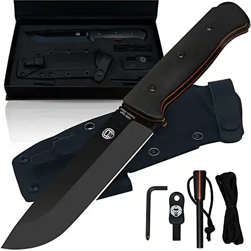 Bushwhacker Knife Set: Fixed Blade, Fire Starter, G10 Scraper, Paracord. Tactical Survival Kit, Black with Orange Liner 1095. Essential for Outdoor Bushcraft