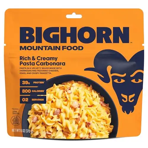 BIGHORN Mountain Food Rich & Creamy Pasta Carbonara - premium freeze dried meals for backpacking food - dehydrated camping food for backpacking meals - ideal camping meals just add water - great t...