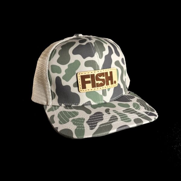 FISH. leather patch trucker snapback hat in marsh camo with sand slate mesh